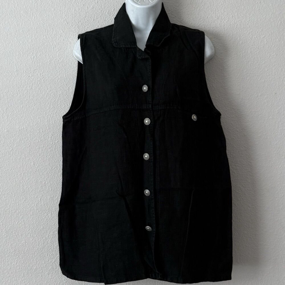Vtg Focus USA Womens Black Linen Button Up Shirt Sleeveless Blouse Tank Top S